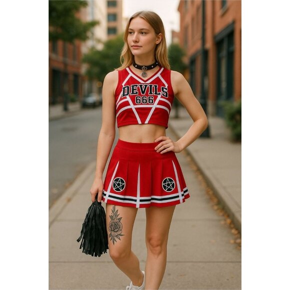 Satans Cheerleader Costume Set Red Devils 666 Top w/ Pleated Skirt & Pom Poms - Picture 4 of 10